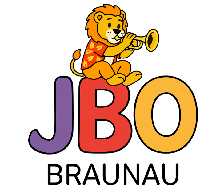 Playful mascot lion wearing a crisp shirt and matching pants, joyfully playing a trumpet; vibrant, colorful, friendly youth orchestra vibe; clean background; flat illustration
